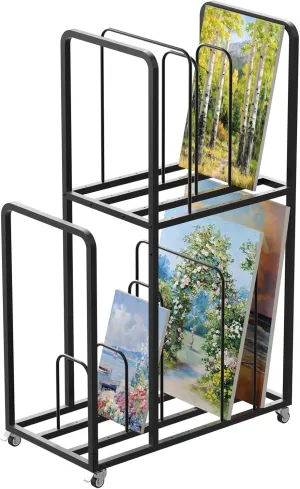 lukar 2 Tier Art Canvas Storage Rack, Large Artwork Storage Rack with Caster Wheels & Handle, Metal Art Drying Rack for Canvas, Artwork, Prints, Panels and Galleries