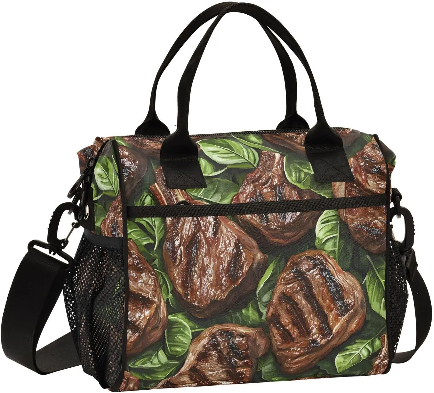 Lunch Bag Cartoon Beef Print, Insulated Reusable Leak-proof Cooler Bag Lunch Box Detachable Shoulder Strap Medium