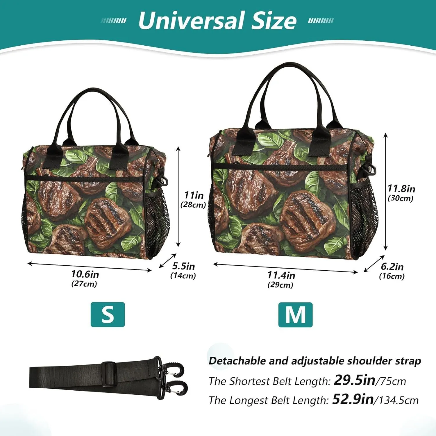 Lunch Bag Cartoon Beef Print, Insulated Reusable Leak-proof Cooler Bag Lunch Box Detachable Shoulder Strap Medium