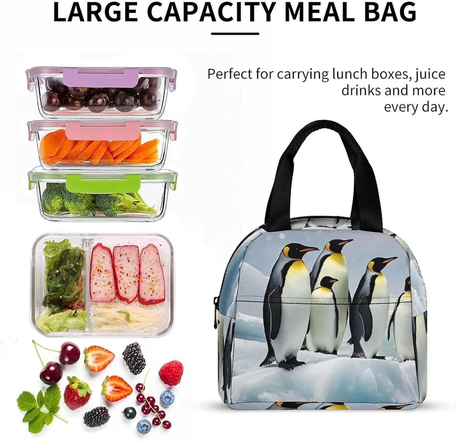 Lunch Bag for Women Men Portable Insulated Lunch Box Penguins On The Iceberg LunchBox Reusable Tote Bags for Work Picnic
