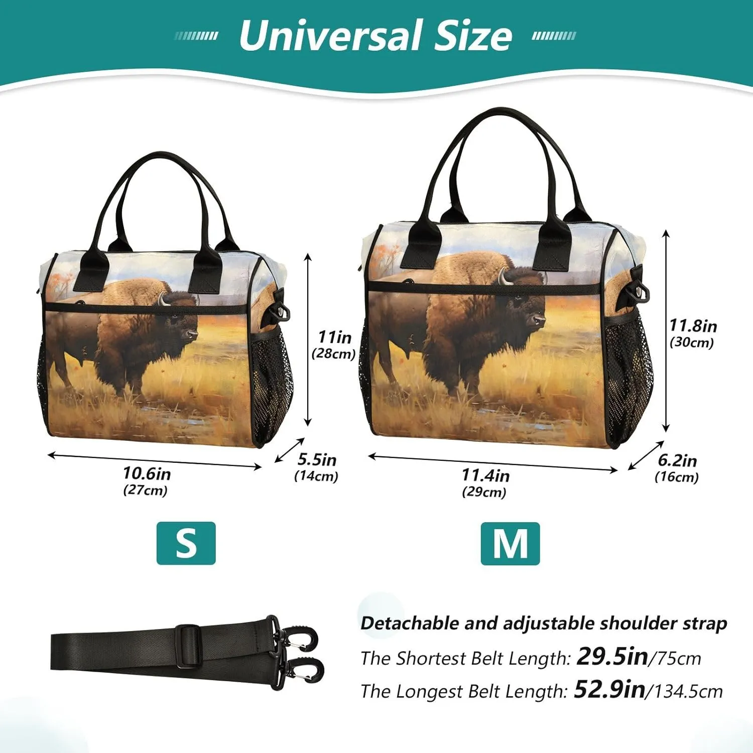 Lunch Bag Grassland Bison Print, Insulated Leakproof Lunch Box, High Capacity with Adjustable Strap