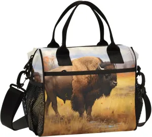 Lunch Bag Grassland Bison Print, Insulated Leakproof Lunch Box, High Capacity with Adjustable Strap