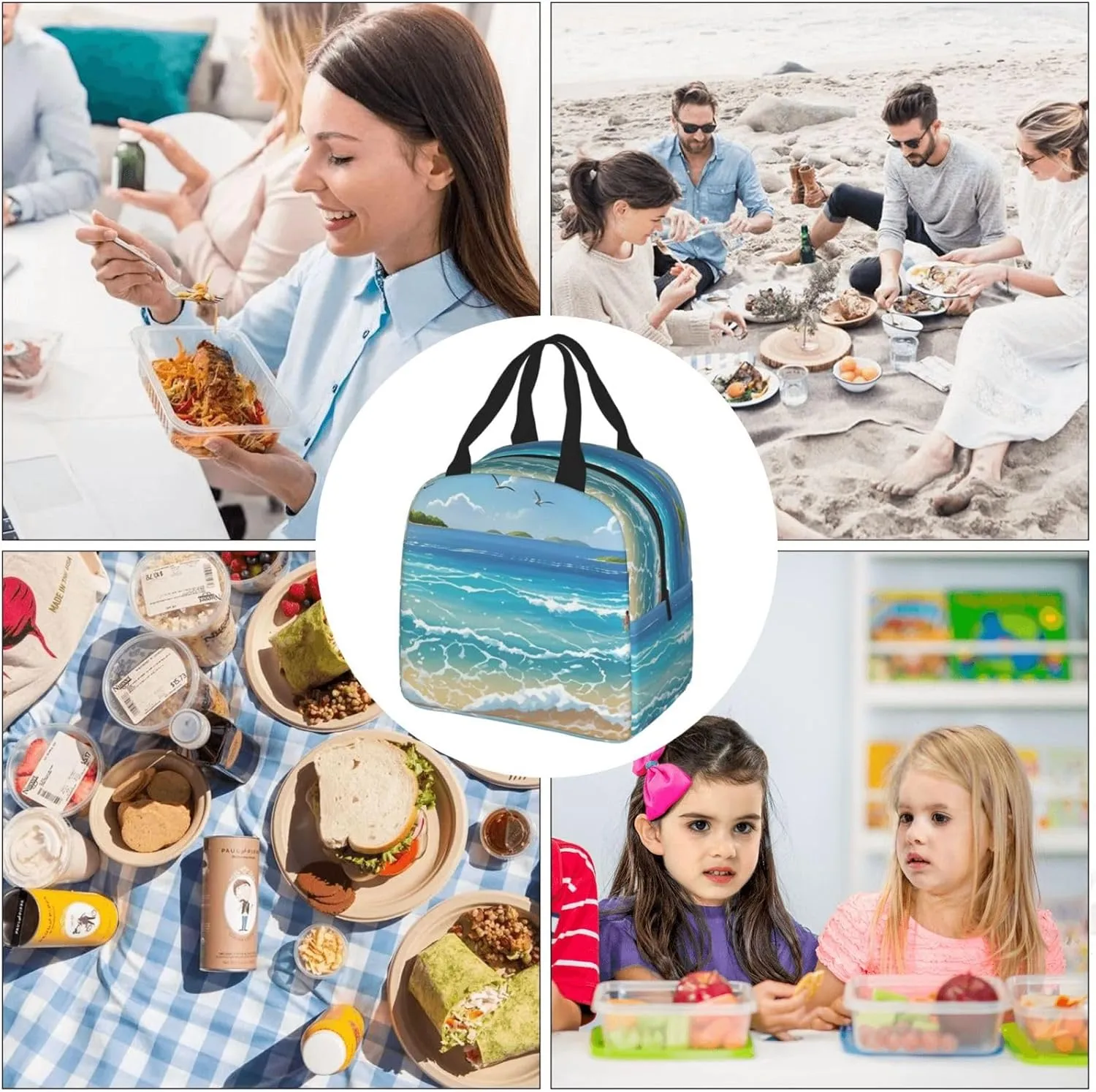 Lunch Bag Insulated Lunch Box for Women Men Beach Picture Reusable Lunch Tote Bag for Work Picnic Travel