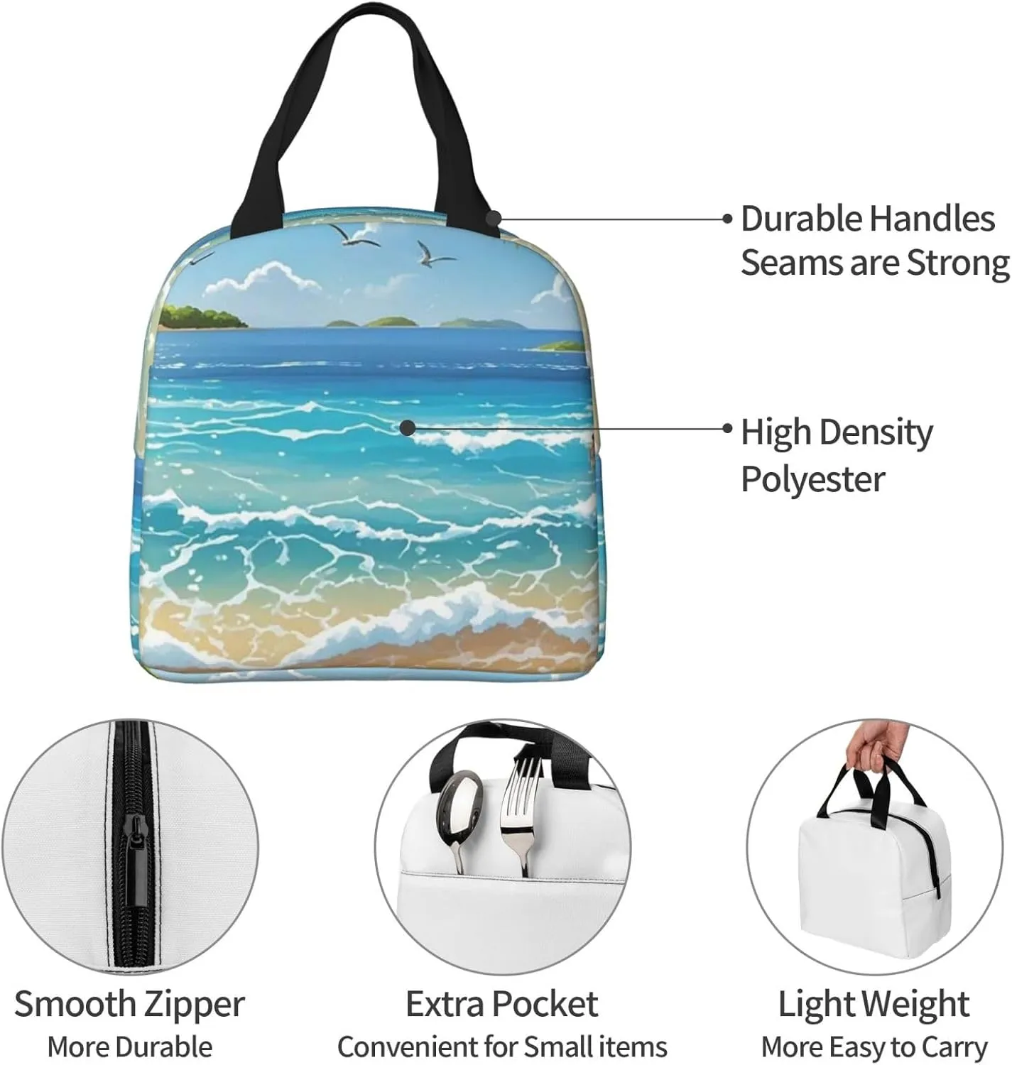 Lunch Bag Insulated Lunch Box for Women Men Beach Picture Reusable Lunch Tote Bag for Work Picnic Travel