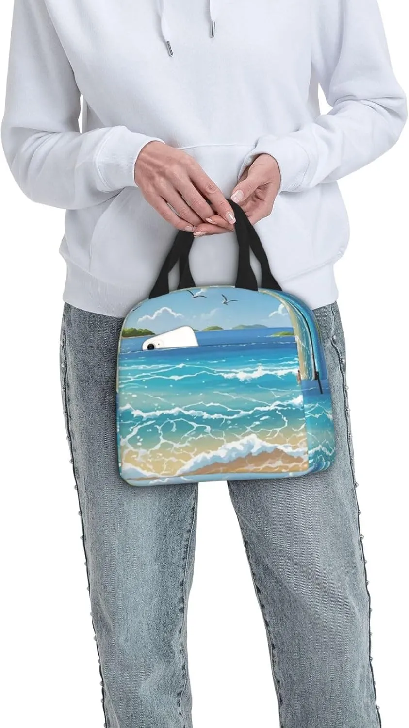 Lunch Bag Insulated Lunch Box for Women Men Beach Picture Reusable Lunch Tote Bag for Work Picnic Travel