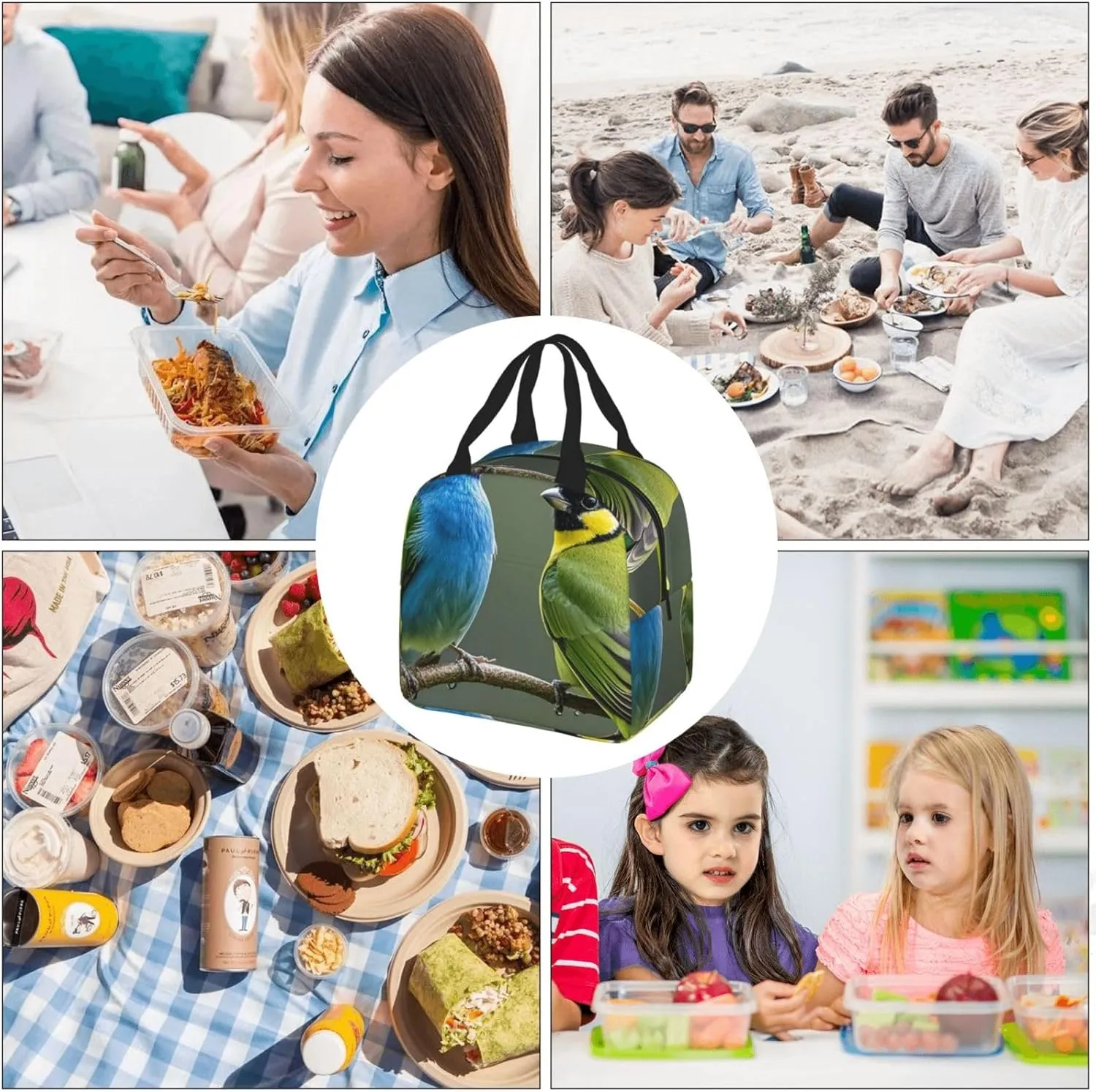 Lunch Bag Insulated Lunch Box for Women Men Birds nature green colors Reusable Lunch Tote Bag for Work Picnic Travel