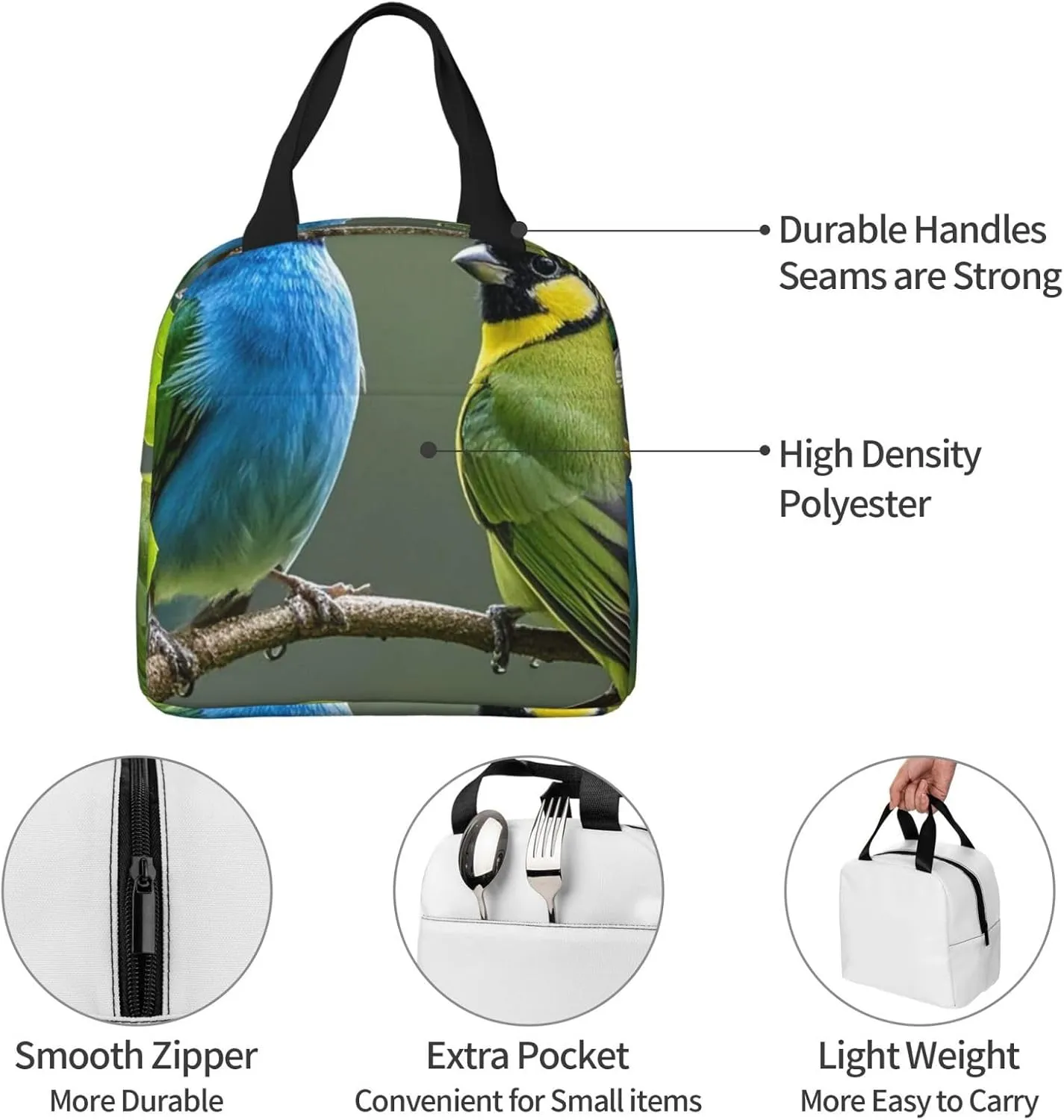 Lunch Bag Insulated Lunch Box for Women Men Birds nature green colors Reusable Lunch Tote Bag for Work Picnic Travel