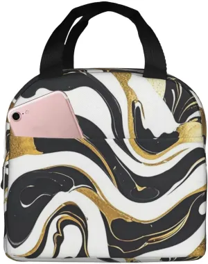 Lunch Bag Insulated Lunch Box for Women Men Black White Gold Foil Marble Reusable Lunch Tote Bag for Work Picnic Travel