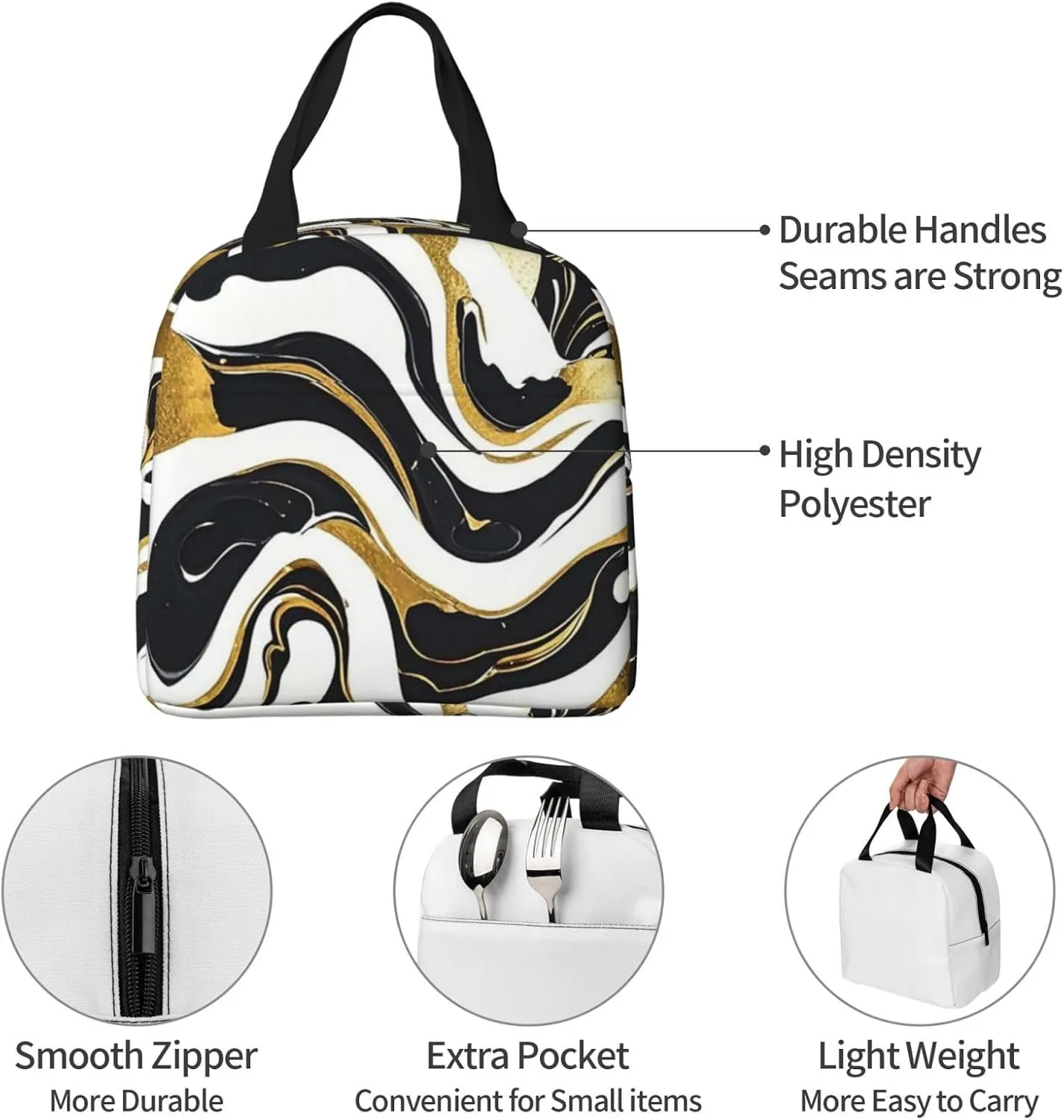 Lunch Bag Insulated Lunch Box for Women Men Black White Gold Foil Marble Reusable Lunch Tote Bag for Work Picnic Travel