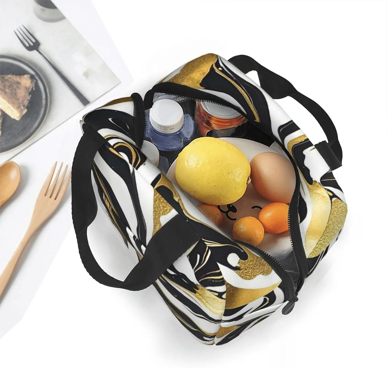 Lunch Bag Insulated Lunch Box for Women Men Black White Gold Foil Marble Reusable Lunch Tote Bag for Work Picnic Travel