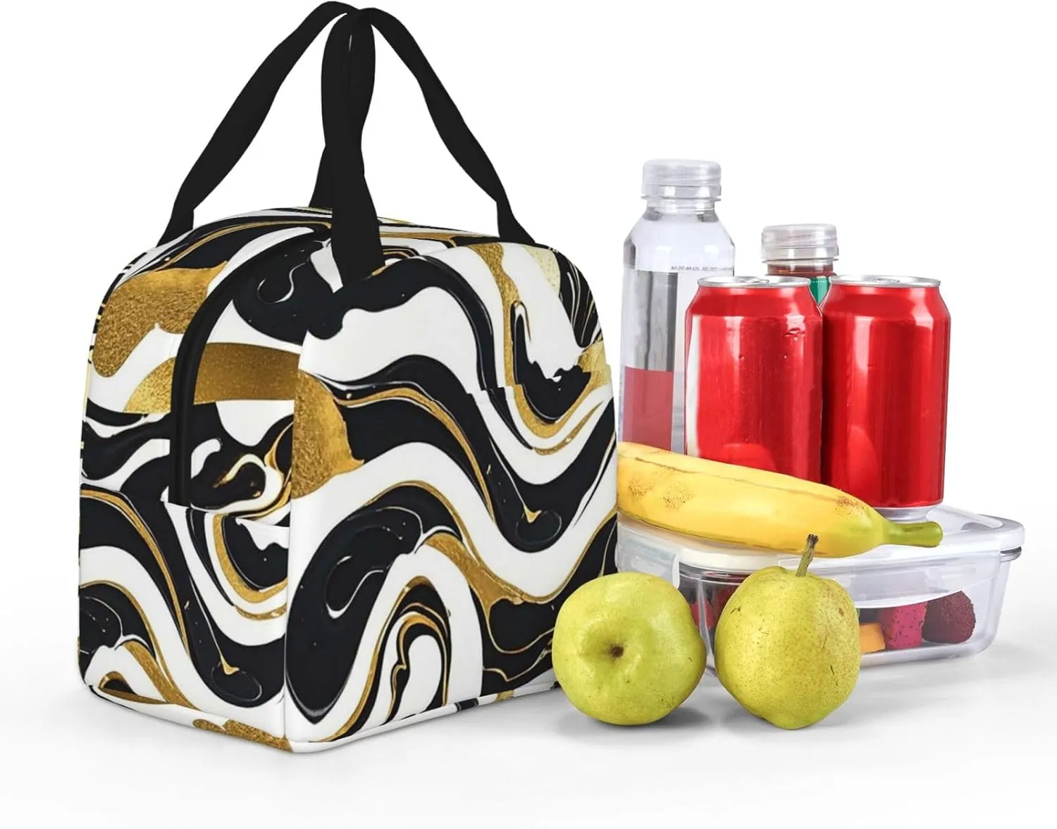 Lunch Bag Insulated Lunch Box for Women Men Black White Gold Foil Marble Reusable Lunch Tote Bag for Work Picnic Travel