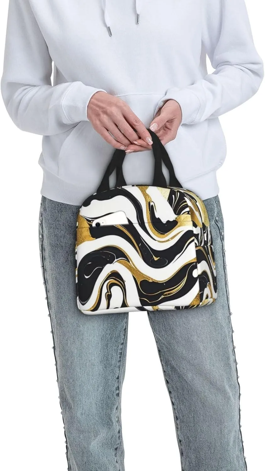 Lunch Bag Insulated Lunch Box for Women Men Black White Gold Foil Marble Reusable Lunch Tote Bag for Work Picnic Travel