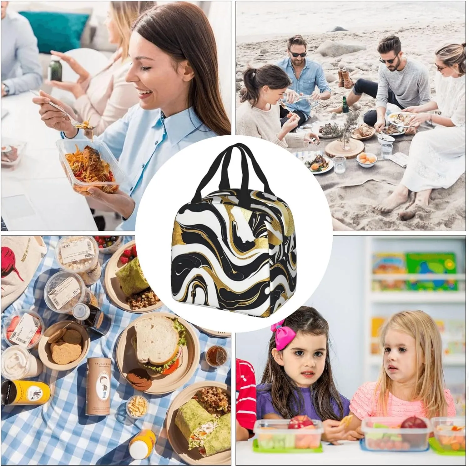 Lunch Bag Insulated Lunch Box for Women Men Black White Gold Foil Marble Reusable Lunch Tote Bag for Work Picnic Travel
