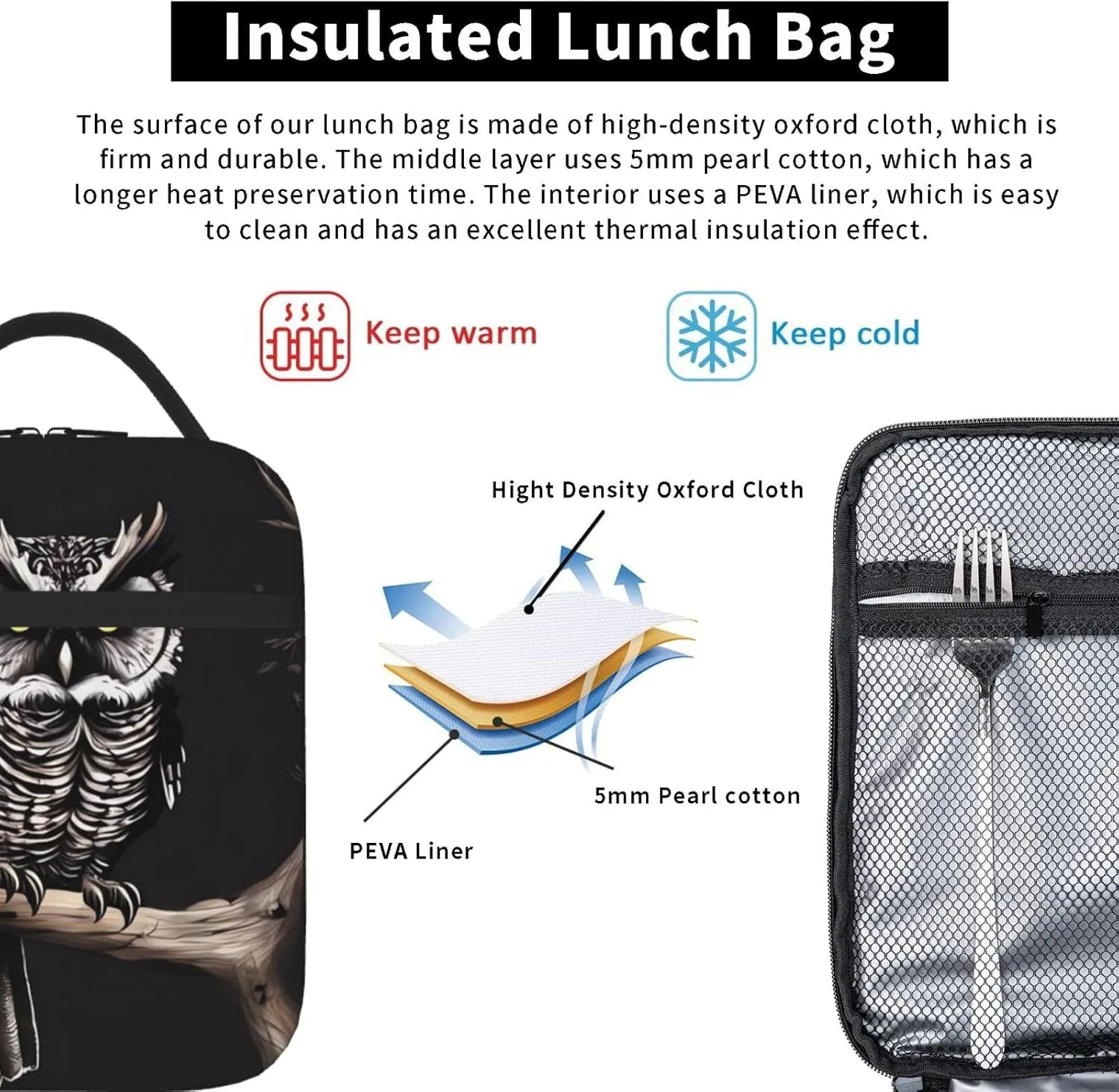Lunch Bag Insulated Lunch Box for Women Men Cooler Bag Reusable Lunch Bag Late Night Owl Lunch Tote Bag for Work