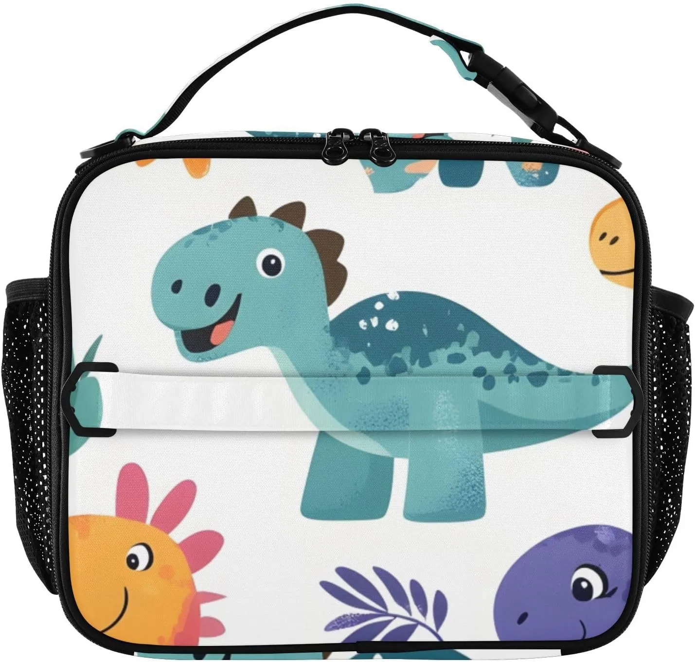 Lunch bag with side mesh pocket and shoulder strap - Playful Dinosaur Assembly - 11.2 X3.5 X 9.8 inches - Capacity 5.5 liters - ideal for work, travel cooler bag
