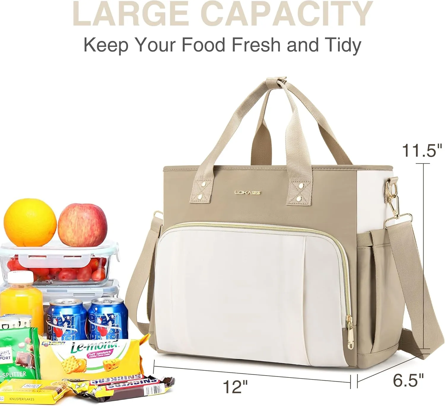 Lunch Bag Women - Stylish & Insulated Wetproof Lunch Tote Bag - Gifts for Mom with Multi-Pockets, Removable Strap - Leakproof Reusable Lunch Box Ideal for Work, Picnics - Beige