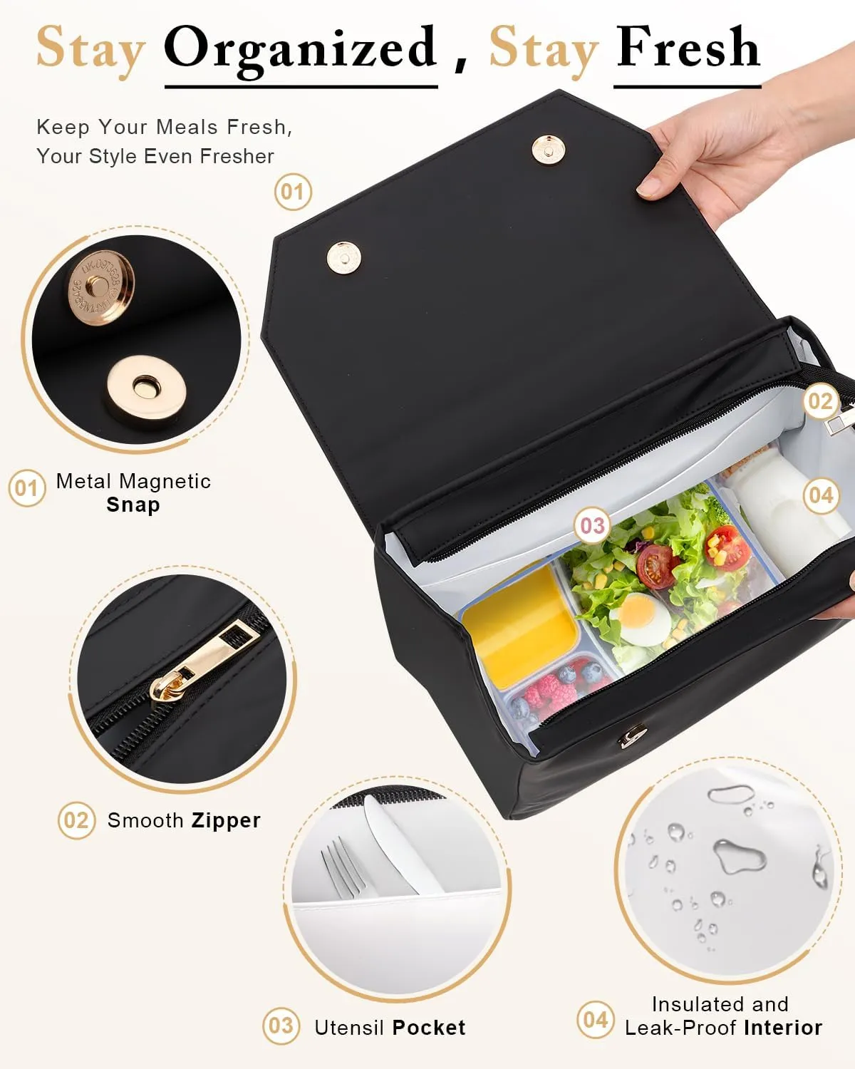 Luxury Lunch Bag Women - Adult Fashion Stylish Vegan Leather Insulated Leakproof Lunch Box with Removable Strap for Work - Teacher Mothers Day Christmas Gifts for Women