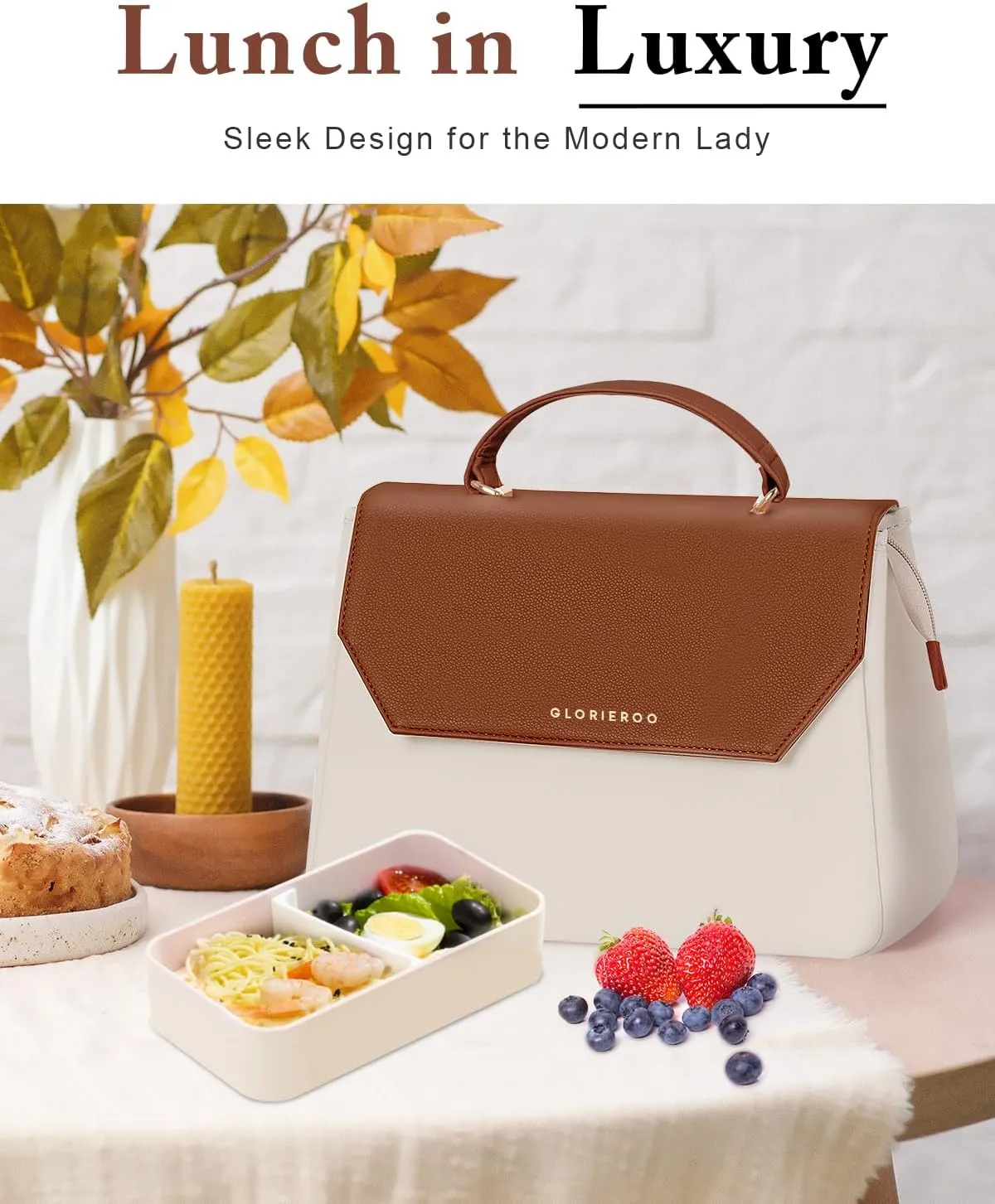 Luxury Lunch Bag Women - Adult Fashion Stylish Vegan Leather Insulated Leakproof Lunch Box with Removable Strap for Work - Teacher Mothers Day Christmas Gifts for Women
