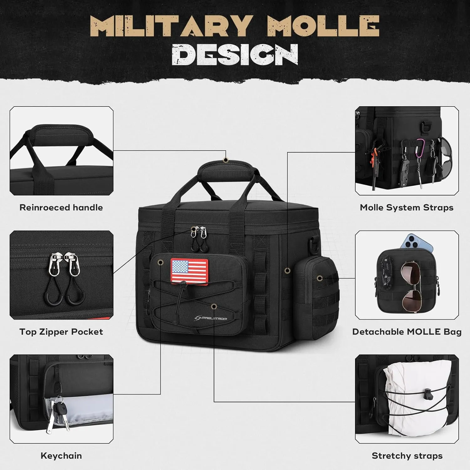 Maelstrom Large Tactical Lunch Box for Men,Insulated Lunch Bag, Durable Leakproof Cooler Bags with Detachable MOLLE Bag,Modern Lunch Tote for Adult Women Work,Picnic,30 Cans/20 L, Black