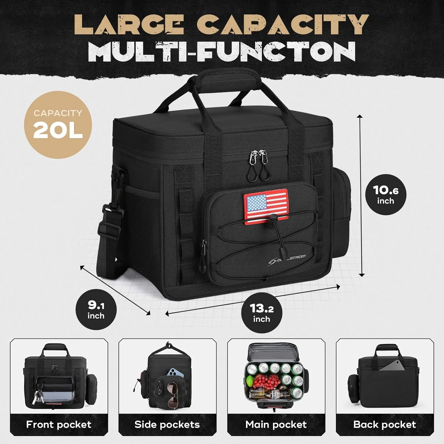 Maelstrom Large Tactical Lunch Box for Men,Insulated Lunch Bag, Durable Leakproof Cooler Bags with Detachable MOLLE Bag,Modern Lunch Tote for Adult Women Work,Picnic,30 Cans/20 L, Black