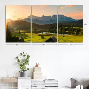 Magic Sunrise at Alpine Lake Geroldsee view to mount Garmisc 3 Piece Canvas Wall Art for Living Room Bedroom Office Framed Prints Pictures Painting Wall Decor Artwork for Walls Set of 3