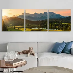 Magic Sunrise at Alpine Lake view to mount 3 Piece Canvas Wall Art for Living Room Bedroom Office Framed Prints Pictures Painting Wall Decor Artwork for Walls Set of 3