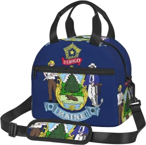 Maine State Flag Print Foods Insulated Lunch Bag Cute Tote Box Leakproof Cooler Adjustable Shoulder Strap