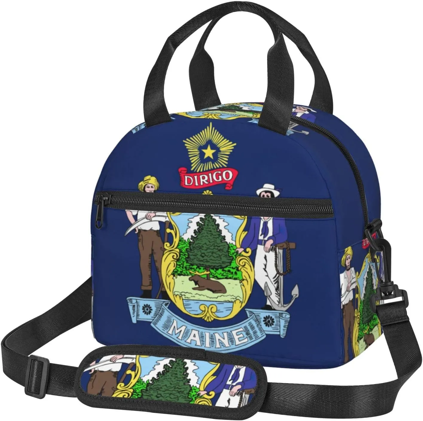 Maine State Flag Print Foods Insulated Lunch Bag Cute Tote Box Leakproof Cooler Adjustable Shoulder Strap