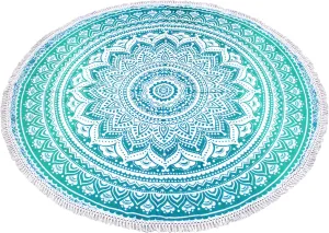 Mandala Round Beach Tapestry Boho Hippie Blanket Bohemian Large Table Cloth Home Decor Yoga Mat Meditation Picnic Rug Throw Hippy Gypsy Tablecloth Roundie (70 Inches, Green And White)