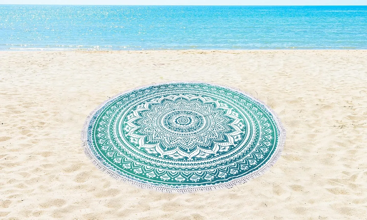 Mandala Round Beach Tapestry Boho Hippie Blanket Bohemian Large Table Cloth Home Decor Yoga Mat Meditation Picnic Rug Throw Hippy Gypsy Tablecloth Roundie (70 Inches, Green And White)