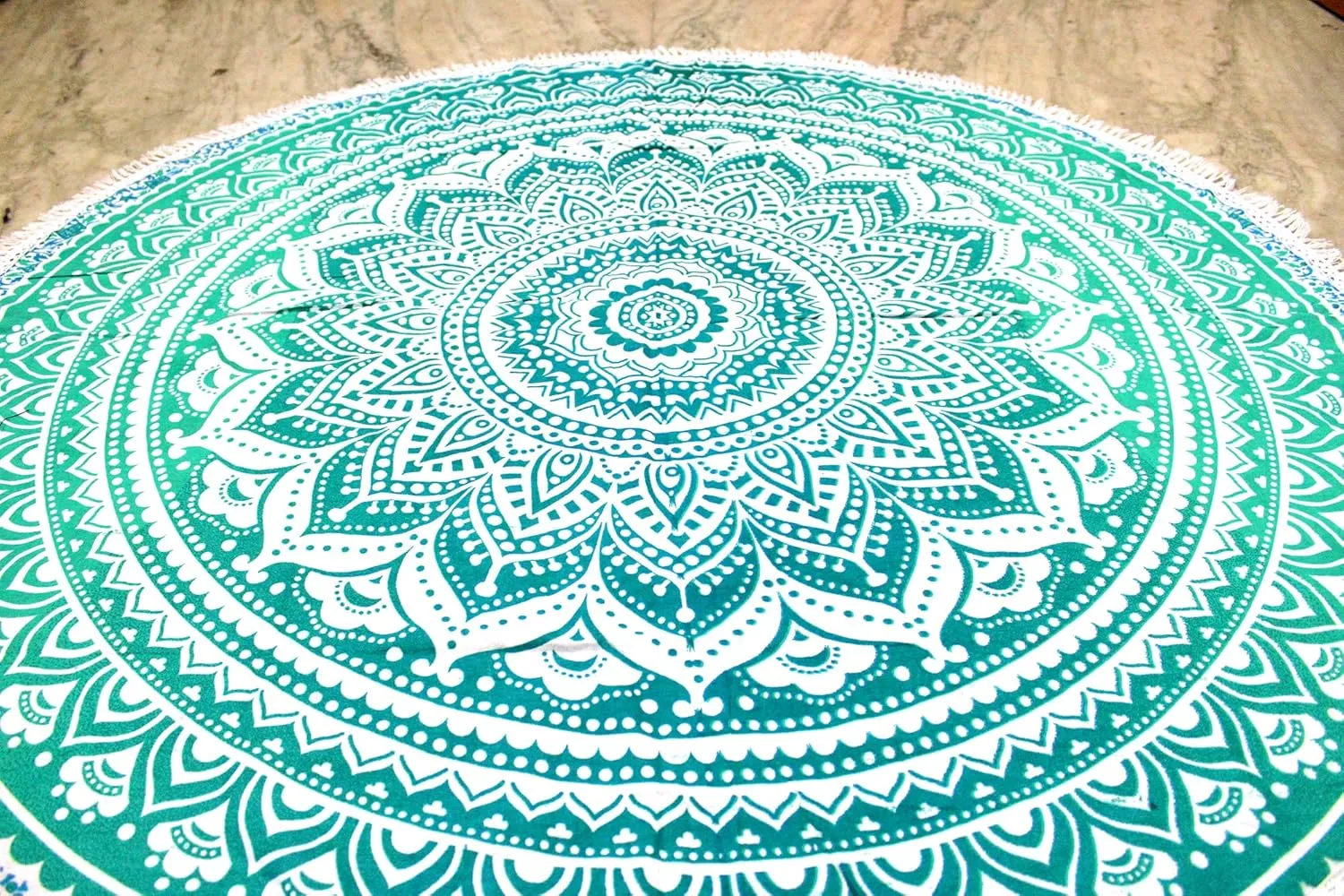 Mandala Round Beach Tapestry Boho Hippie Blanket Bohemian Large Table Cloth Home Decor Yoga Mat Meditation Picnic Rug Throw Hippy Gypsy Tablecloth Roundie (70 Inches, Green And White)