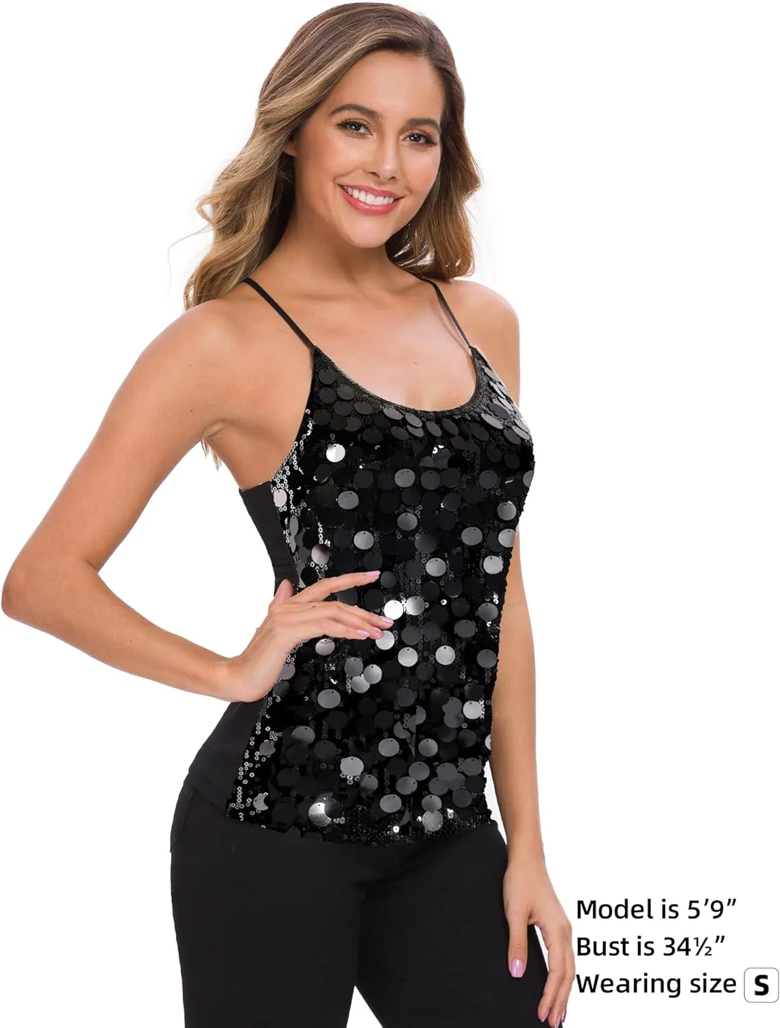 MANER Women’s Sequin Tops Glitter Party Strappy Tank Top Sparkle Cami