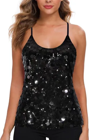 MANER Women’s Sequin Tops Glitter Party Strappy Tank Top Sparkle Cami