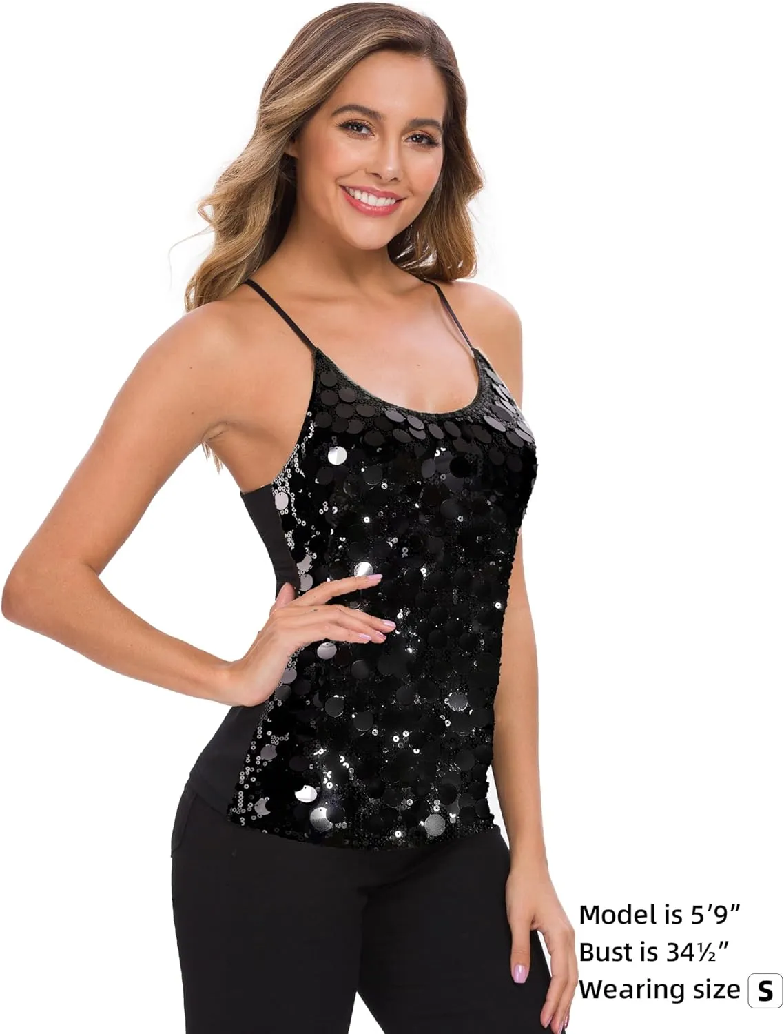 MANER Women’s Sequin Tops Glitter Party Strappy Tank Top Sparkle Cami