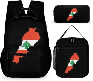 Map of Lebanon Flag Unisex 3 Pcs Backpack Combination Set 16 in Daypack Insulated Lunch Bag Portable Pencil Case
