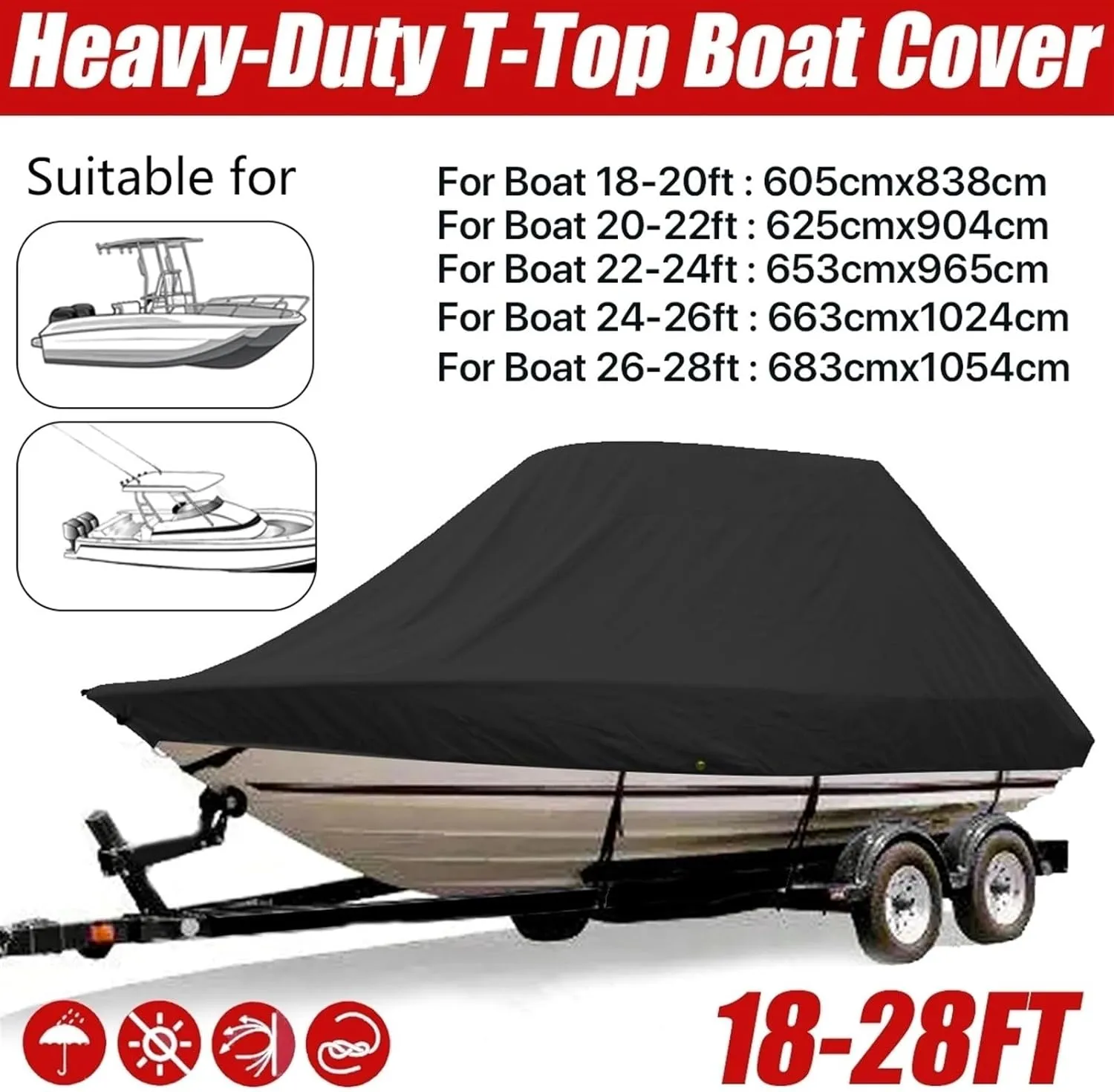 Marine Accessories 18-28ft 600D Jumbos Cruiser Boat-Cover Heavy-Duty Oceansouth Marine Water Sun Proof UV Protection Fish-Ski VHull Mooring Cover (Color : Black 18-20ft)
