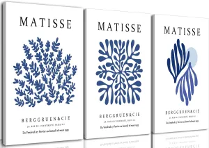 Marllifenney Blue Matisse Wall Art Framed Set of 3 Abstract Navy Blue Poster Minimalist Leaf Canvas Prints Modern Aesthetic Decor Artwork Painting Pictures for Living Room Bedroom Bathroom 12x16in