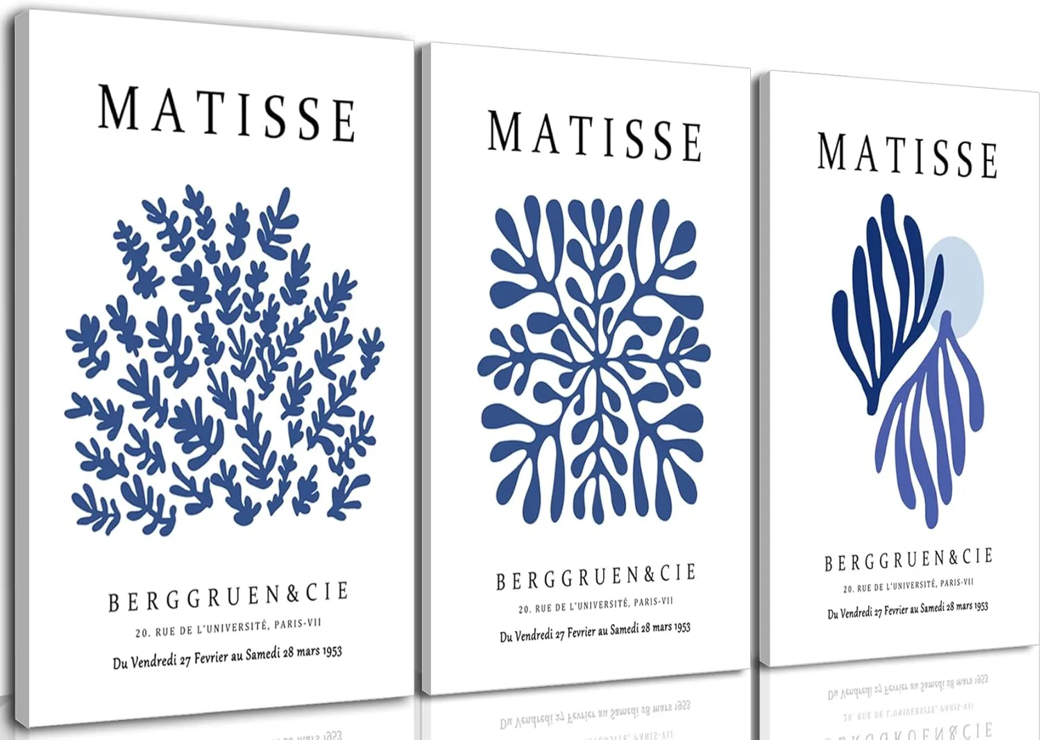 Marllifenney Blue Matisse Wall Art Framed Set of 3 Abstract Navy Blue Poster Minimalist Leaf Canvas Prints Modern Aesthetic Decor Artwork Painting Pictures for Living Room Bedroom Bathroom 12x16in