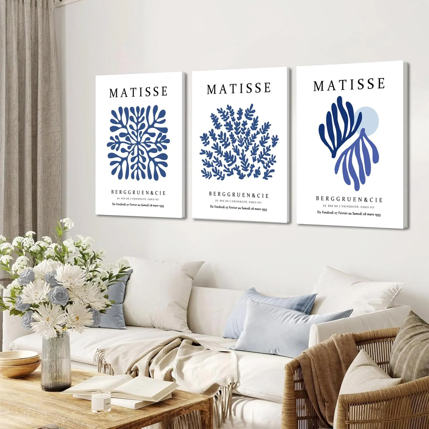 Marllifenney Blue Matisse Wall Art Framed Set of 3 Abstract Navy Blue Poster Minimalist Leaf Canvas Prints Modern Aesthetic Decor Artwork Painting Pictures for Living Room Bedroom Bathroom 12x16in