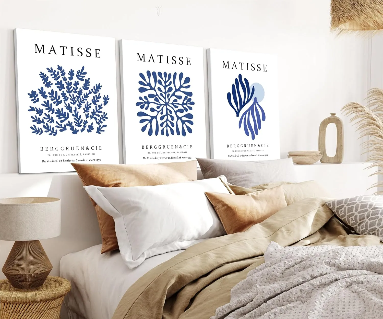 Marllifenney Blue Matisse Wall Art Framed Set of 3 Abstract Navy Blue Poster Minimalist Leaf Canvas Prints Modern Aesthetic Decor Artwork Painting Pictures for Living Room Bedroom Bathroom 12x16in