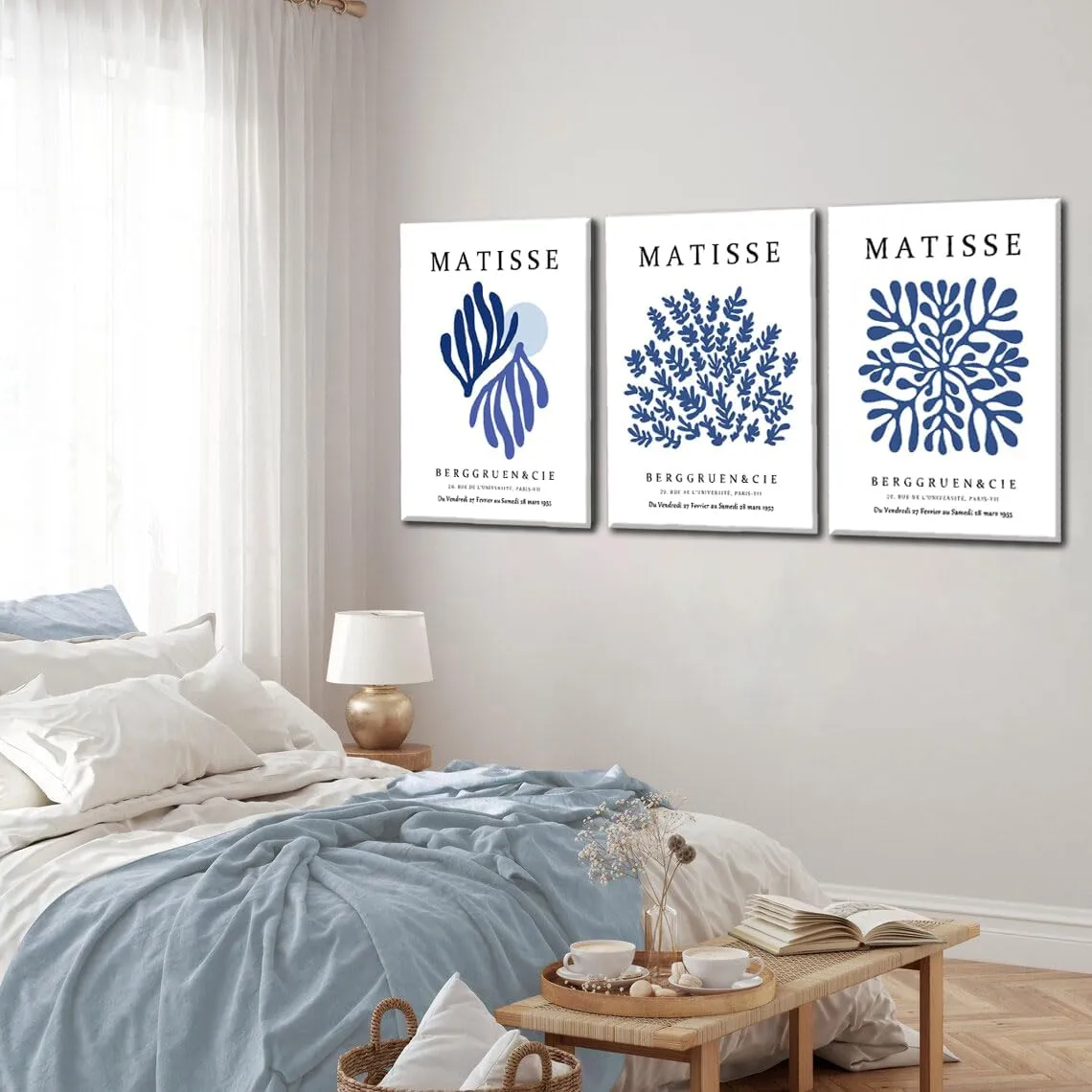 Marllifenney Blue Matisse Wall Art Framed Set of 3 Abstract Navy Blue Poster Minimalist Leaf Canvas Prints Modern Aesthetic Decor Artwork Painting Pictures for Living Room Bedroom Bathroom 12x16in