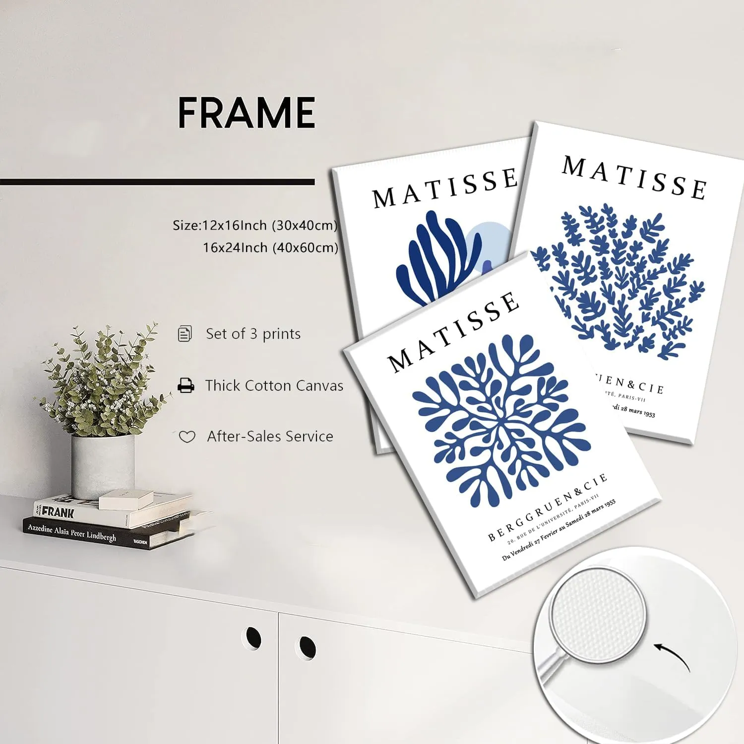 Marllifenney Blue Matisse Wall Art Framed Set of 3 Abstract Navy Blue Poster Minimalist Leaf Canvas Prints Modern Aesthetic Decor Artwork Painting Pictures for Living Room Bedroom Bathroom 12x16in