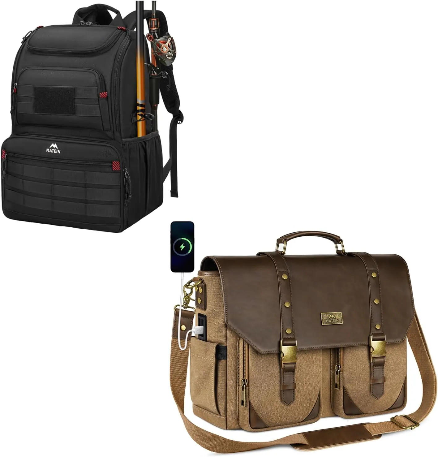 MATEIN Fishing Backpack Tackle Box, Messenger Bag with USB Charging Port & RFID Blocking Pocket