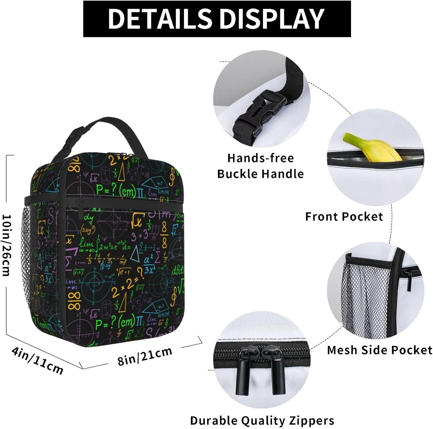 Math Colorful Geometrical Plots Formulas Calculations Reusable Lunch Box Food Bag Insulated Lunch Bag for Teenage Boys Girls School Beach