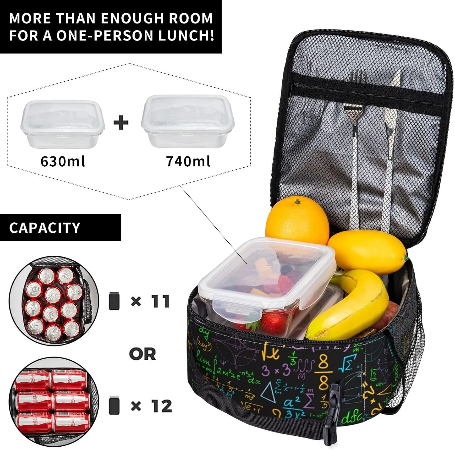 Math Colorful Geometrical Plots Formulas Calculations Reusable Lunch Box Food Bag Insulated Lunch Bag for Teenage Boys Girls School Beach