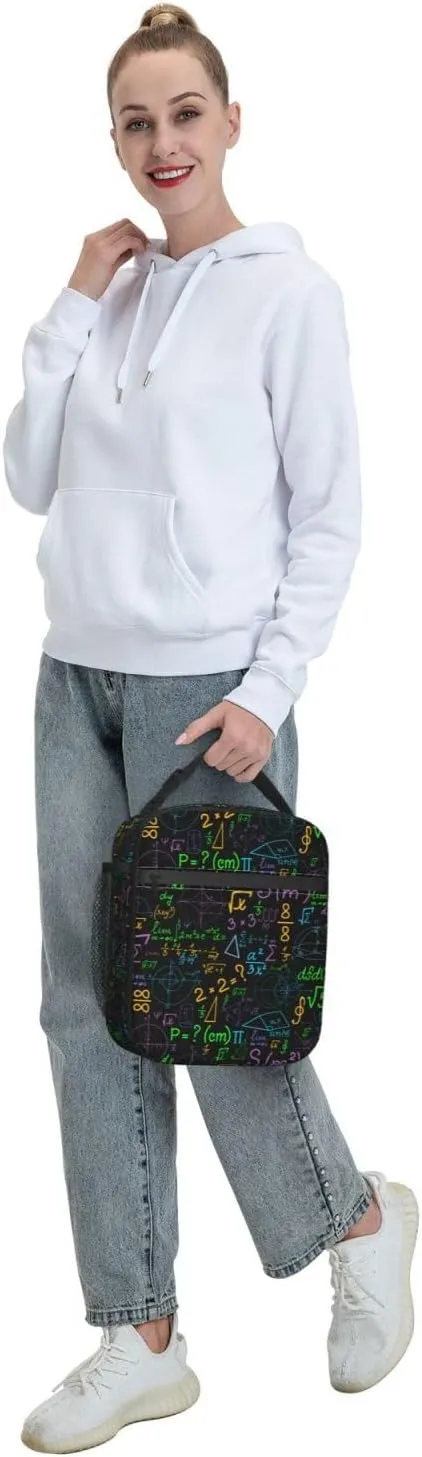 Math Colorful Geometrical Plots Formulas Calculations Reusable Lunch Box Food Bag Insulated Lunch Bag for Teenage Boys Girls School Beach