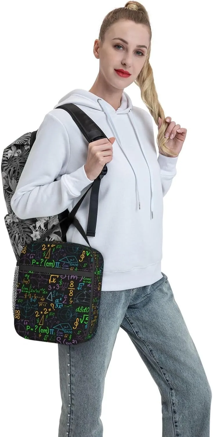 Math Colorful Geometrical Plots Formulas Calculations Reusable Lunch Box Food Bag Insulated Lunch Bag for Teenage Boys Girls School Beach