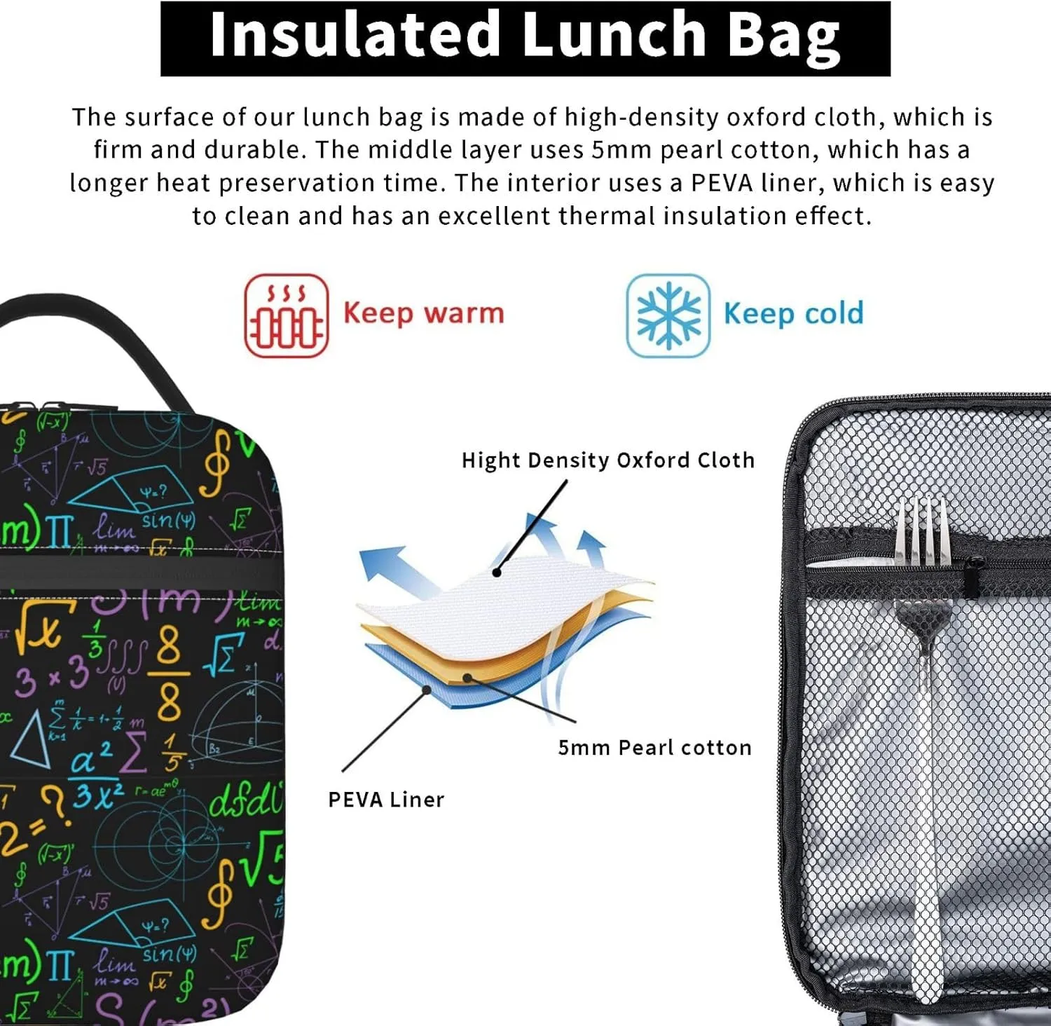 Math Colorful Geometrical Plots Formulas Calculations Reusable Lunch Box Food Bag Insulated Lunch Bag for Teenage Boys Girls School Beach