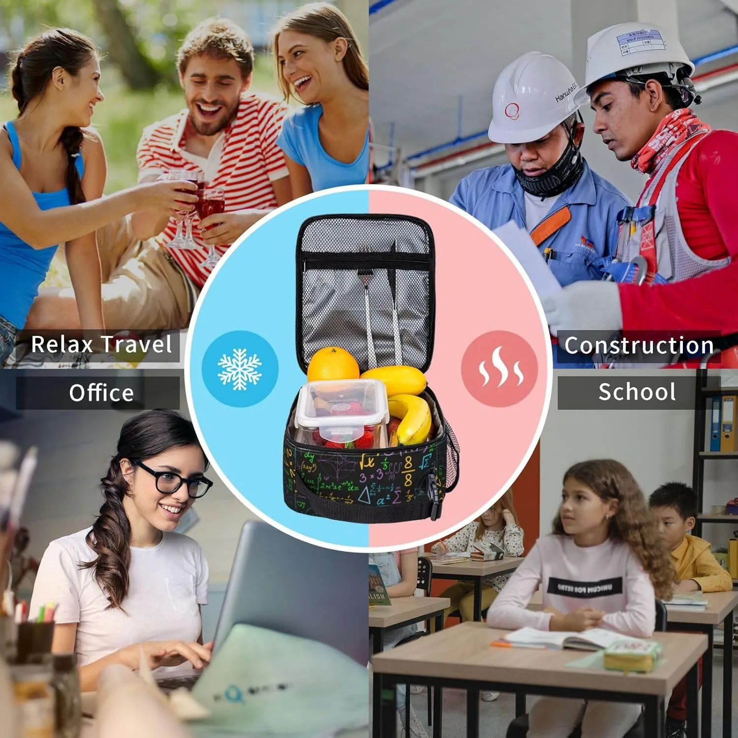 Math Colorful Geometrical Plots Formulas Calculations Reusable Lunch Box Food Bag Insulated Lunch Bag for Teenage Boys Girls School Beach