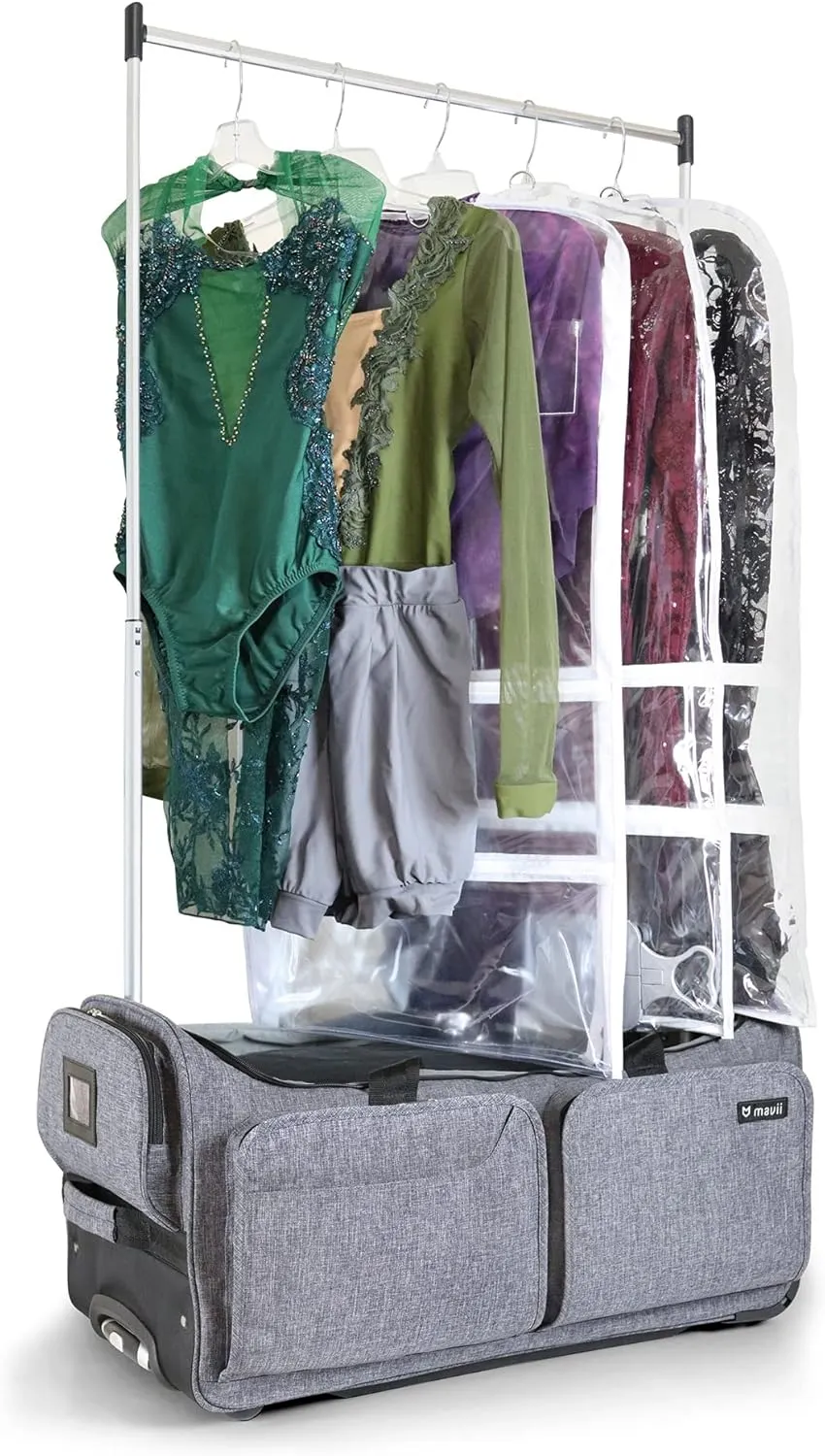 Mavii Dance Bag with Garment Rack, 28 inch Rolling Duffel With, Ideal for Competitions & Travel, Easy-assembly Lightweight Aluminum Clothes Rack, Wheeled Upright Luggage, Heathered Gray